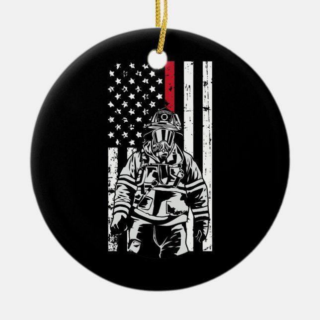 Firefighter Fireman American Flag Red Line Ceramic Tree Decoration (Front)