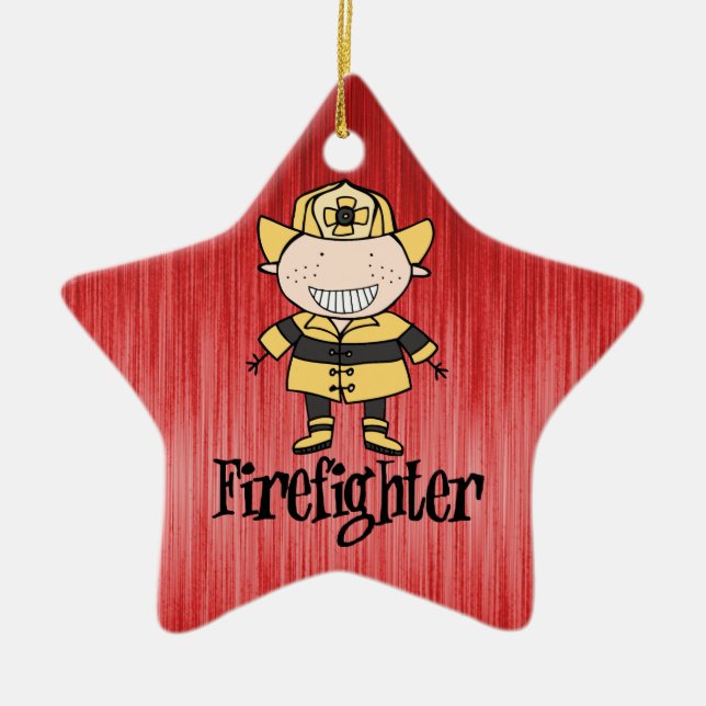 Firefighter Fireman on Red Ceramic Tree Decoration (Front)