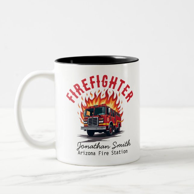Firefighter Firetruck on Fire Rescue Two-Tone Coffee Mug (Left)