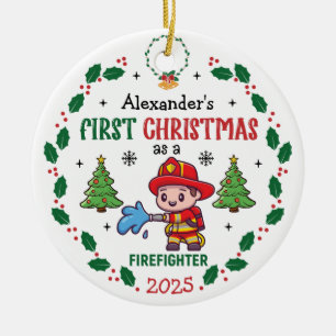 Firefighter First Christmas Custom Name Ceramic Tree Decoration