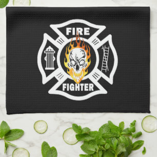 Firefighter Flaming Skull Tea Towel