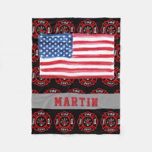 Firefighter Gift Maltese Cross USA Flag Name Fleece Blanket