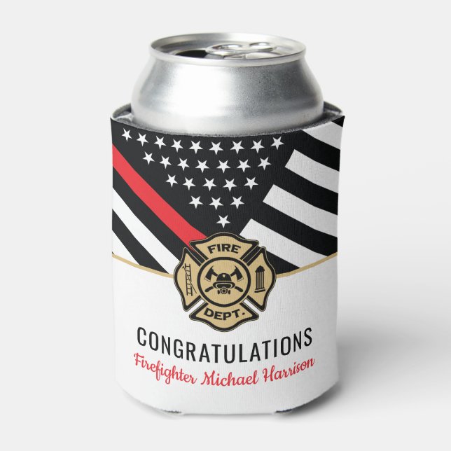 Firefighter Graduation Fire Academy Thin Red Line Can Cooler (Can Front)
