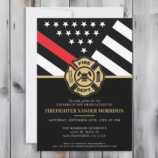 Firefighter Graduation Red Line Flag Fireman Invitation
