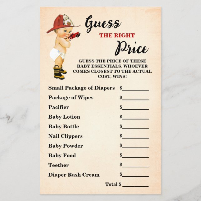 Firefighter Guess Right Price Baby Shower Game Flyer (Front)