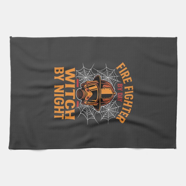 Firefighter Halloween Witch Night Design Tea Towel (Horizontal)
