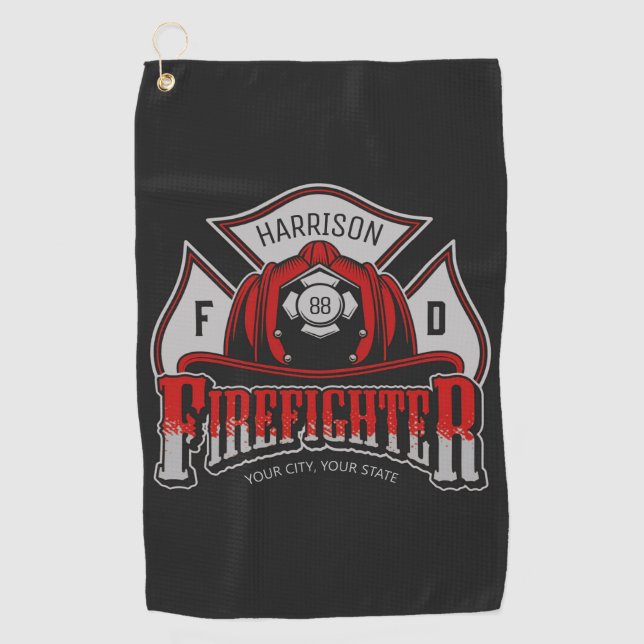 Firefighter Helmet ADD NAME Fire Department Rescue Golf Towel (Front)