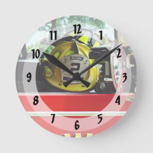 Firefighter Helmets Inside Fire Truck Round Clock