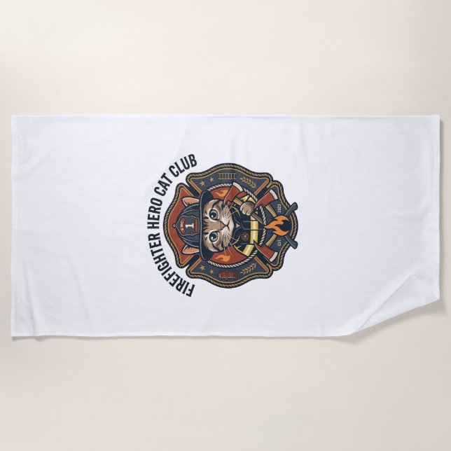 Firefighter Hero Cat Cat Graphic Tee Art - Firefig Beach Towel (Front)
