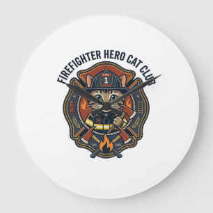 Firefighter Hero Cat Cat Graphic Tee Art - Firefig Large Clock