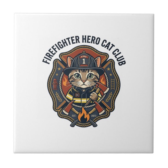 Firefighter Hero Cat Cat Graphic Tee Art - Firefig Tile (Front)