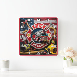 Firefighter Hero Rescue Equipment  Square Wall Clock