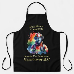 Firefighter in action, colourful backdrop apron