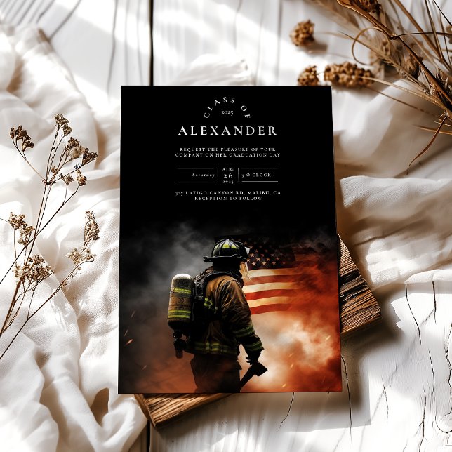Firefighter in Smoke American Flag Graduation Invitation (Creator Uploaded)