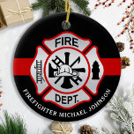 Firefighter Maltese Cross Personalized Fireman Ceramic Tree Decoration<br><div class="desc">Personalized Thin Red Line Maltese Cross Firefighter Ornament - modern black red and silver design . Personalize with fire departments, firefighter name, or your text. This personalized firefighter ornament is perfect for fire departments, fire service, or as a memorial keepsake, christmas gifts or stocking stuffers. Order these firefighter ornaments bulk...</div>