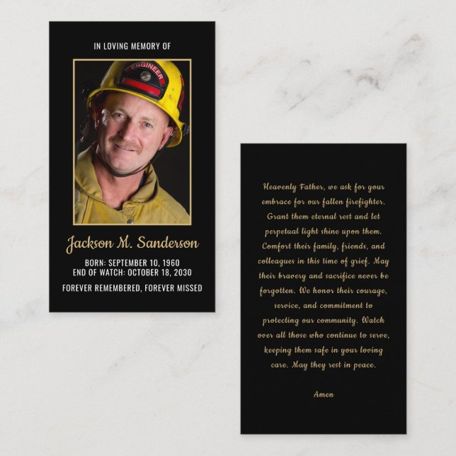 Firefighter Memorial Photo Funeral Prayer Card (Front/Back)