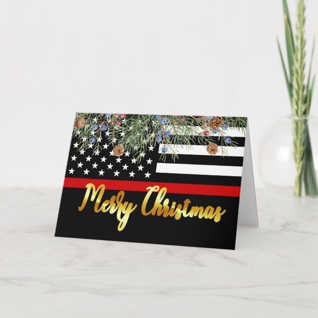 Firefighter Merry Christmas Fireman Thin Red Line Holiday Card (Front)