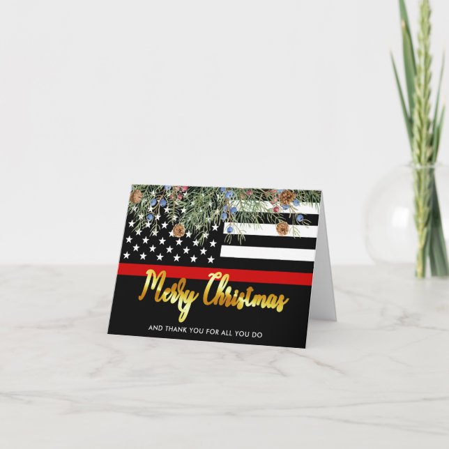 Firefighter Merry Christmas Red Flag Thank You  Holiday Card (Front)
