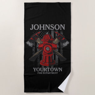 Firefighter NAME Fire Department Hydrant USA Flag  Beach Towel