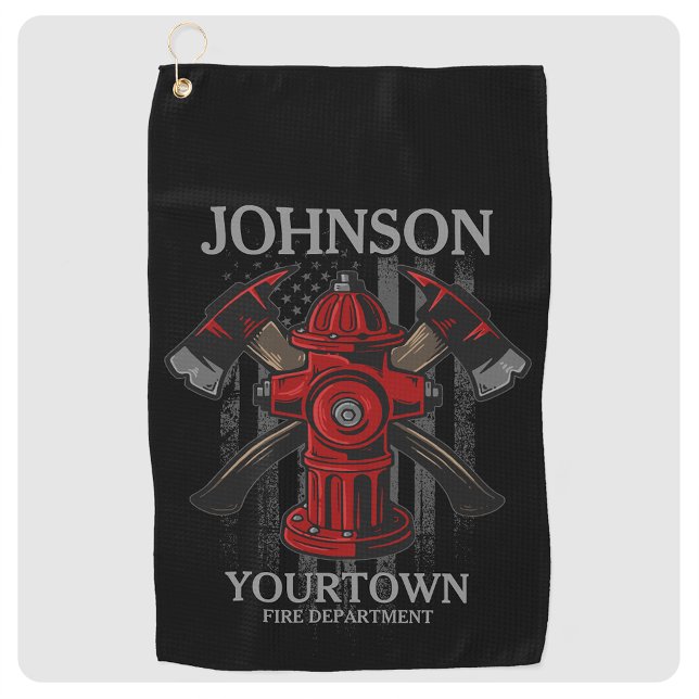 Firefighter NAME Fire Department Hydrant USA Flag  Golf Towel (Creator Uploaded)
