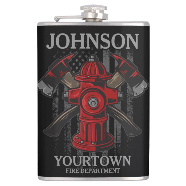 Firefighter NAME Fire Department Hydrant USA Flag  Hip Flask (Front)