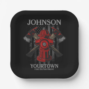 Firefighter NAME Fire Department Hydrant USA Flag  Paper Plate