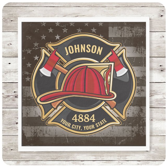 Firefighter NAME Fireman Fire Department USA Flag Napkin (Creator Uploaded)