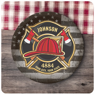 Firefighter NAME Fireman Fire Department USA Flag Paper Plate