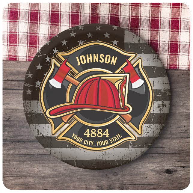 Firefighter NAME Fireman Fire Department USA Flag Paper Plate (Creator Uploaded)