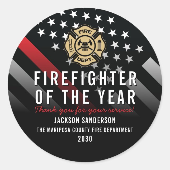 Firefighter of the Year Employee Logo Red Line Classic Round Sticker (Front)