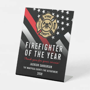 Firefighter of the Year Employee Logo Red Line Pedestal Sign