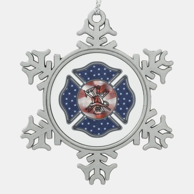 Firefighter Patriotic Dept Snowflake Pewter Christmas Ornament (Front)