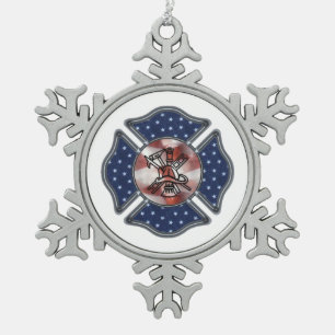 Firefighter Patriotic Snowflake Pewter Christmas Ornament