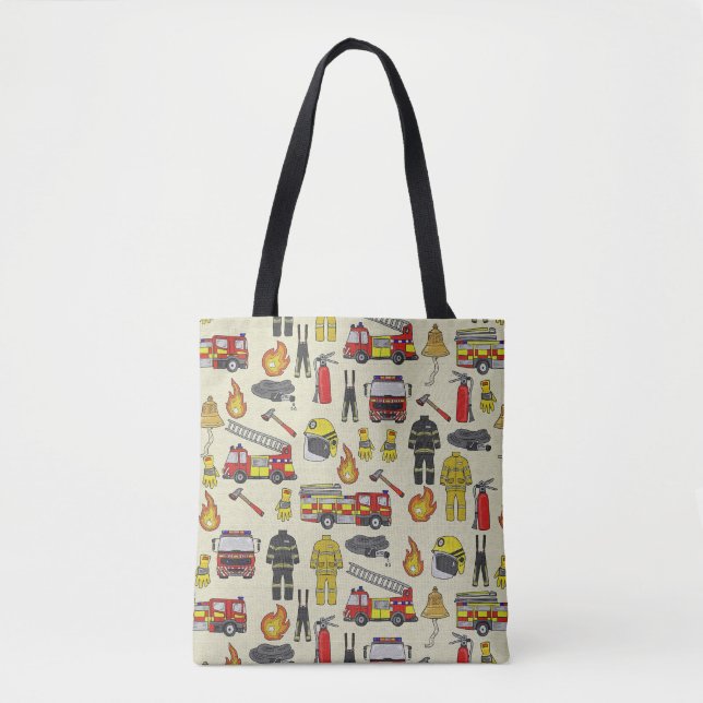 Firefighter Pattern, Fire Truck, Rescue Gear, Flam Tote Bag (Front)
