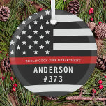 Firefighter Personalised Fireman Thin Red Line Glass Tree Decoration<br><div class="desc">Personalised Thin Red Line Ornament - American flag in Firefighter Flag colours, modern black red design . Personalise with firefighter name, or fire department. This personalised firefighter ornament is perfect for fire departments, fire service, or as a memorial keepsake and fire department Christmas gifts o\r stocking stuffers. Order these firefighter...</div>