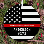 Firefighter Personalised Fireman Thin Red Line Metal Tree Decoration<br><div class="desc">Personalised Thin Red Line Ornament - American flag in Firefighter Flag colours, modern black red design . Personalise with firefighter name, or fire department. This personalised firefighter ornament is perfect for fire departments, fire service, or as a memorial keepsake and fire department Christmas gifts o\r stocking stuffers. Order these firefighter...</div>