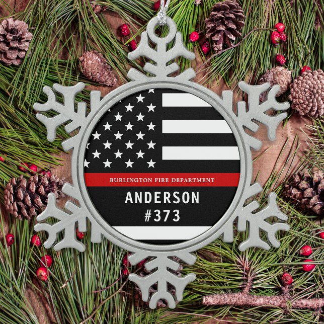 Firefighter Personalised Fireman Thin Red Line Snowflake Pewter Christmas Ornament (Creator Uploaded)