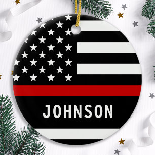 Firefighter Personalised Modern Thin Red Line Ceramic Tree Decoration