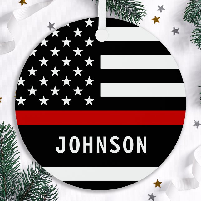 Firefighter Personalised Modern Thin Red Line Metal Tree Decoration (Creator Uploaded)