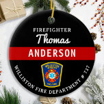 Firefighter Personalised Thin Red Line Fire Rescue Ceramic Tree Decoration<br><div class="desc">Personalised Thin Red Line Maltese Cross Firefighter Ornament - modern black red and silver design . Personalise with fire departments, firefighter name, or your text. This personalised firefighter ornament is perfect for fire departments, fire service, or as a memorial keepsake, christmas gifts or stocking stuffers. Order these firefighter ornaments bulk...</div>