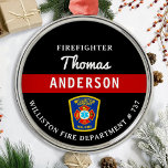 Firefighter Personalised Thin Red Line Fire Rescue Metal Tree Decoration<br><div class="desc">Personalised Thin Red Line Maltese Cross Firefighter Ornament - modern black red and silver design . Personalise with fire departments, firefighter name, or your text. This personalised firefighter ornament is perfect for fire departments, fire service, or as a memorial keepsake, christmas gifts or stocking stuffers. Order these firefighter ornaments bulk...</div>