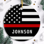 Firefighter Personalized Modern Thin Red Line Ceramic Tree Decoration<br><div class="desc">Personalized Thin Red Line Ornament - American flag in Firefighter Flag colors, modern black red design . Personalize with firefighter name, or fire department. This personalized firefighter ornament is perfect for fire departments, fire service, or as a memorial keepsake and fire department Christmas gifts o\r stocking stuffers. Order these firefighter...</div>