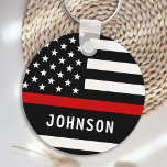 Firefighter Personalized Modern Thin Red Line Key Ring<br><div class="desc">Personalized Thin Red Line Keychain - American flag in Firefighter Flag colors, modern black red design . Personalize with firefighter name, or fire department. This personalized firefighter keychain is perfect for fire departments, fire service, or as a memorial keepsake. COPYRIGHT © 2020 Judy Burrows, Black Dog Art - All Rights...</div>