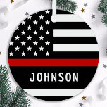 Firefighter Personalized Modern Thin Red Line Metal Tree Decoration<br><div class="desc">Personalized Thin Red Line Ornament - American flag in Firefighter Flag colors, modern black red design . Personalize with firefighter name, or fire department. This personalized firefighter ornament is perfect for fire departments, fire service, or as a memorial keepsake and fire department Christmas gifts o\r stocking stuffers. Order these firefighter...</div>