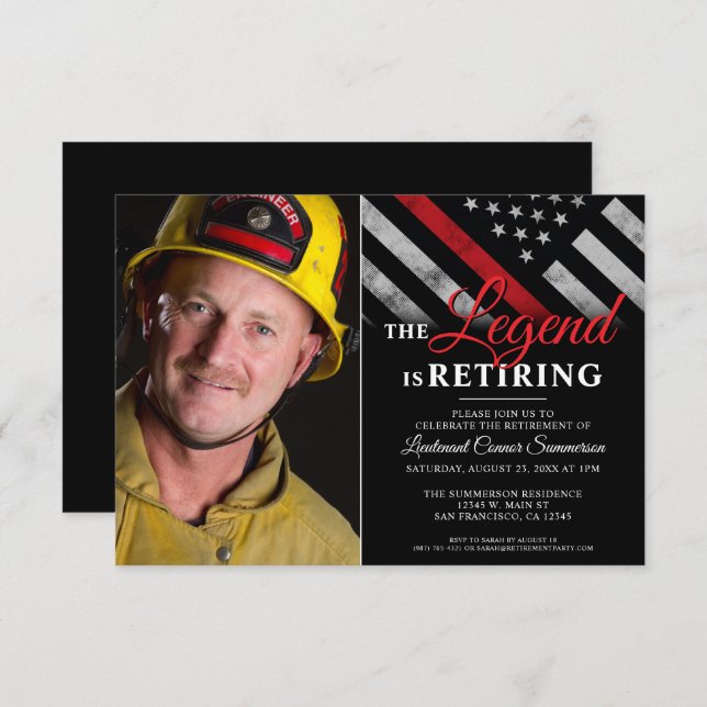 Firefighter Photo Thin Red Line Fireman Retirement Invitation (Front/Back)