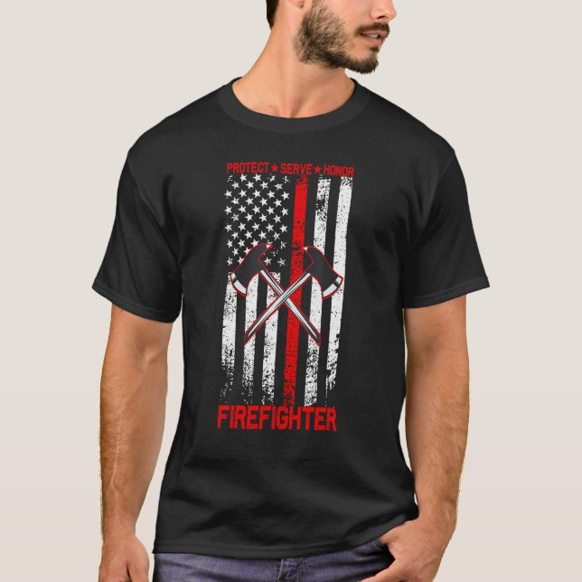 Firefighter Protect Serve Honor Pick Axes Over US  T-Shirt (Front)