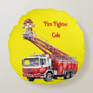 Firefighter Puppy on Ladder Fire Truck Round Pillo Cushion