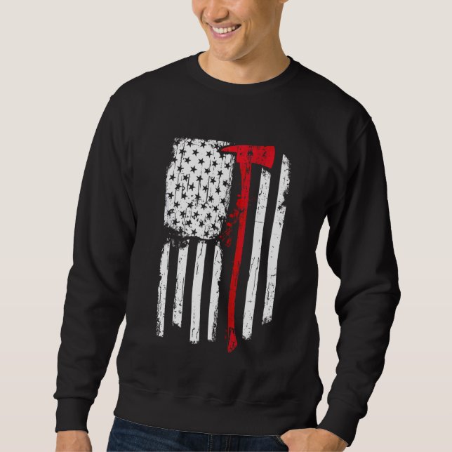Firefighter Red Line American Flag With Fireman Ax Sweatshirt (Front)