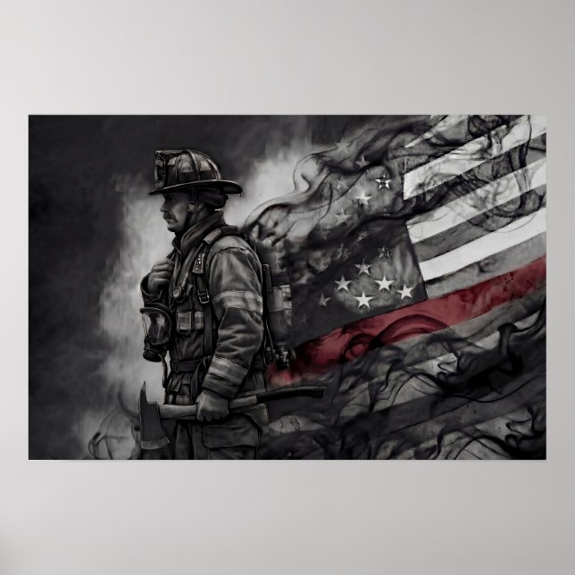 Firefighter Red Line Tribute Smoke American Flag Poster (Front)
