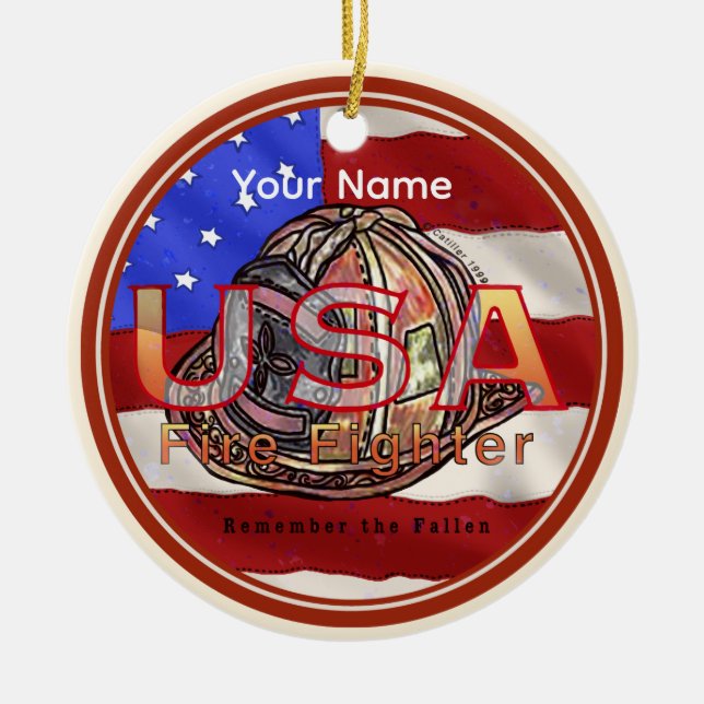 Firefighter remember the fallen  ceramic tree decoration (Front)